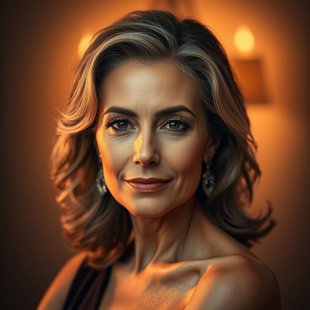 An artistic depiction of a 45-year-old woman with an emphasis on elegance and beauty