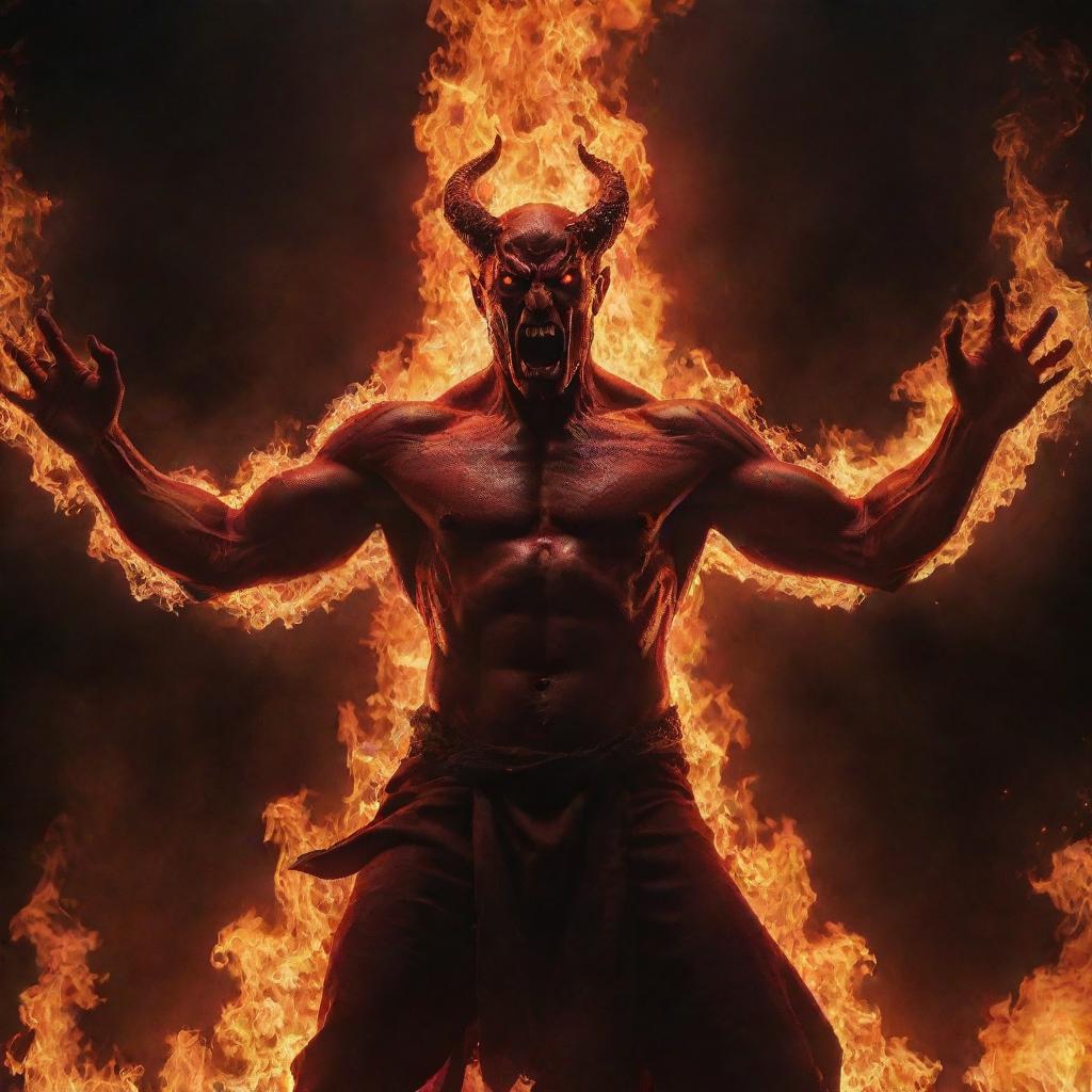 A beautiful, red Satan, surrounded by roaring flames. His hands reach for the sky as he looks upward in wonder or defiance. The sadistic scene is illuminated by the leaps of fire, casting dramatic light on his mesmerizing visage.