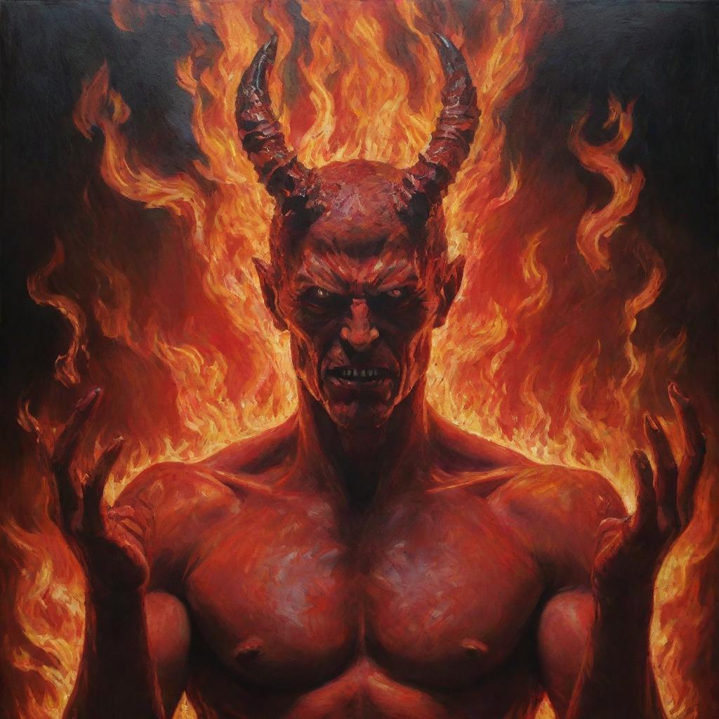 Red Satan, encapsulated by wild flames. His hands are raised, head tilted upwards in a profound gaze. The vibrant flicker of the fire illuminates his striking features, painting a powerful image of beauty and surrealism.