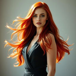 A full-body portrait of a stunning woman with flowing red hair