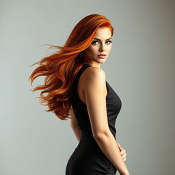 A full-body portrait of a stunning woman with flowing red hair