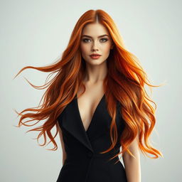 A full-body portrait of a stunning woman with flowing red hair