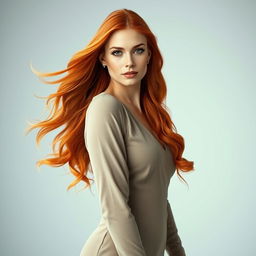 A full-body portrait of a stunning woman with flowing red hair