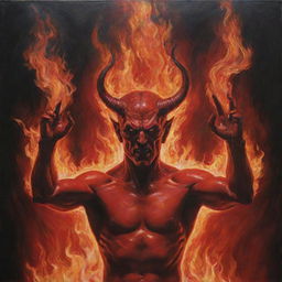 Red Satan, encapsulated by wild flames. His hands are raised, head tilted upwards in a profound gaze. The vibrant flicker of the fire illuminates his striking features, painting a powerful image of beauty and surrealism.