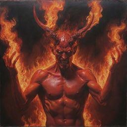 Red Satan, encapsulated by wild flames. His hands are raised, head tilted upwards in a profound gaze. The vibrant flicker of the fire illuminates his striking features, painting a powerful image of beauty and surrealism.