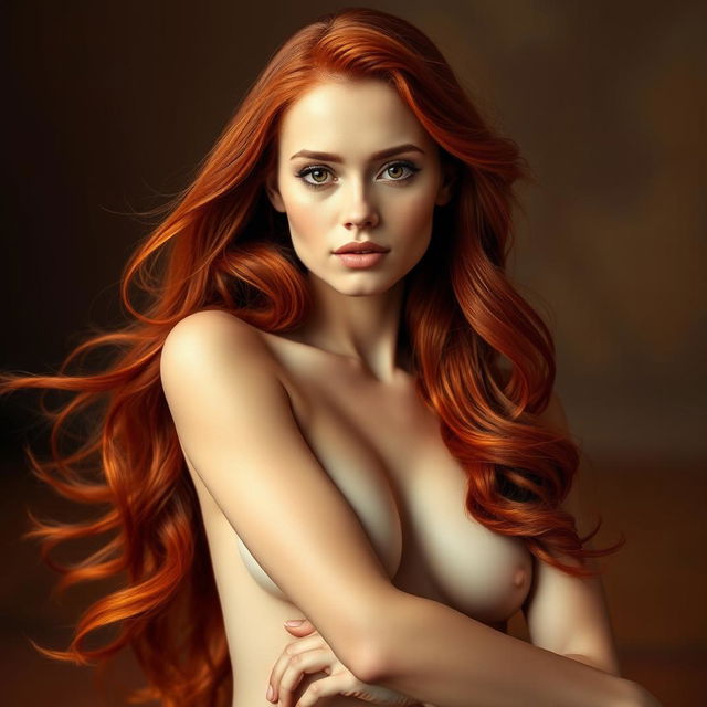 Nude portrait of a striking woman with flowing red hair, posed elegantly from the front