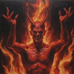 Red Satan, encapsulated by wild flames. His hands are raised, head tilted upwards in a profound gaze. The vibrant flicker of the fire illuminates his striking features, painting a powerful image of beauty and surrealism.