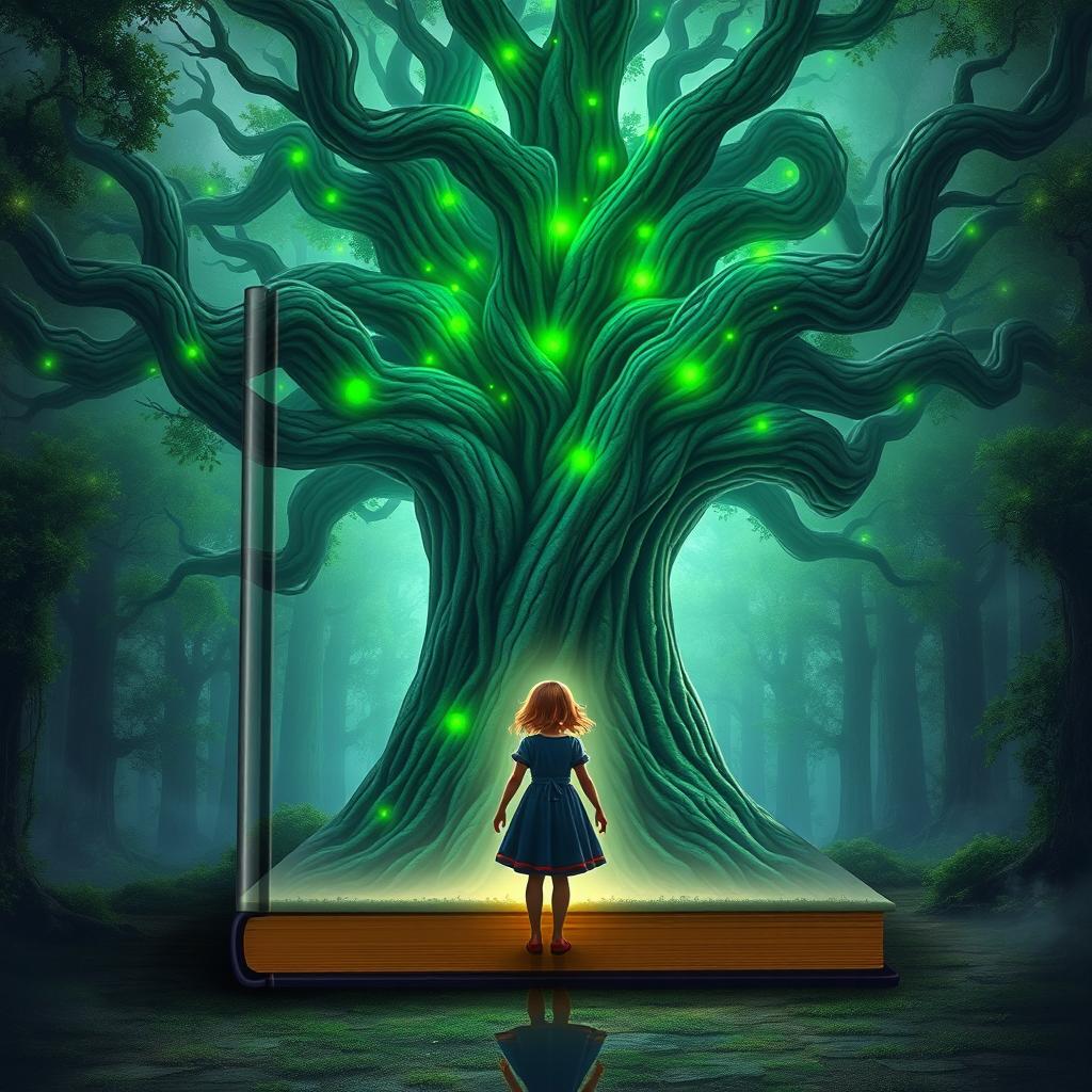 A book cover design featuring an ancient, large tree in a mystical forest