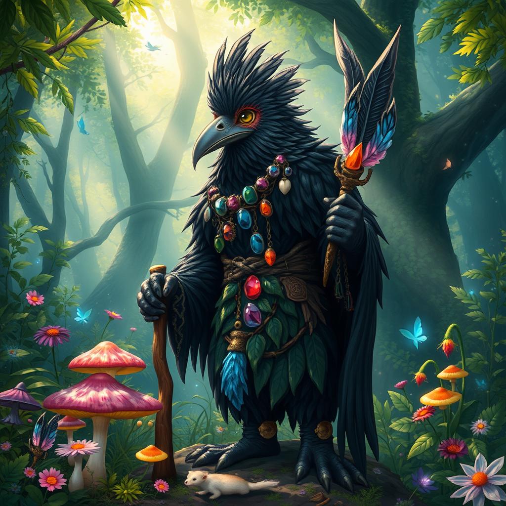 A kenku druid standing in an enchanting forest, surrounded by vibrant flora and fauna