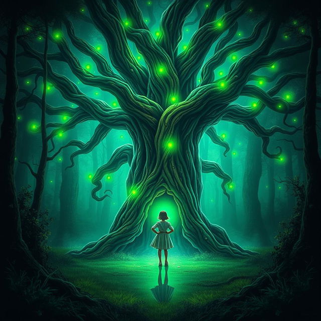 A book cover design featuring an ancient, large tree in a mystical forest