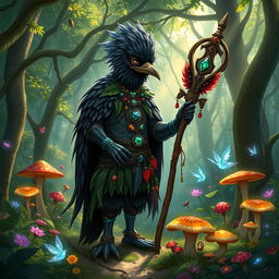 A kenku druid standing in an enchanting forest, surrounded by vibrant flora and fauna