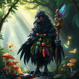 A kenku druid standing in an enchanting forest, surrounded by vibrant flora and fauna