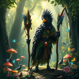 A kenku druid standing in an enchanting forest, surrounded by vibrant flora and fauna