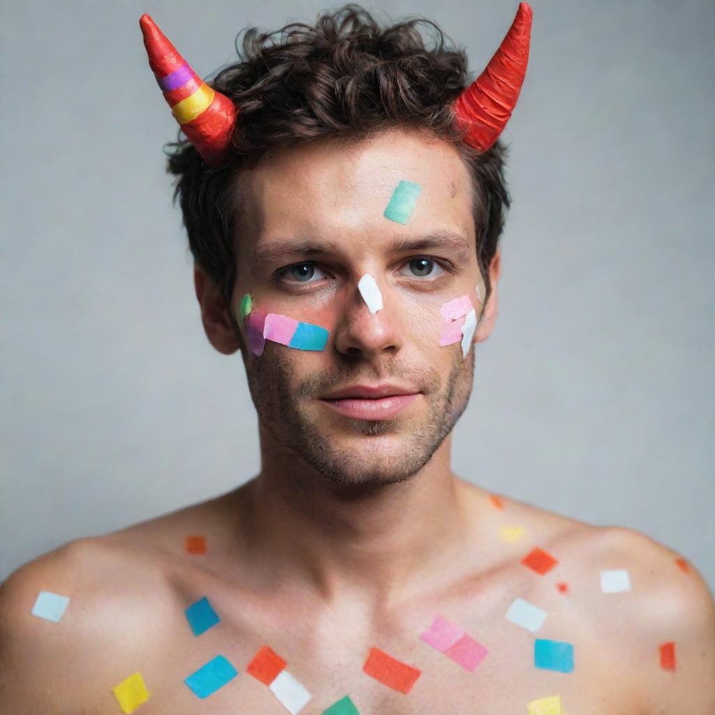 A gallant Lucifer covered in colorful, charming bandaids. Despite his normal intimidating persona, he now looks unexpectedly endearing.