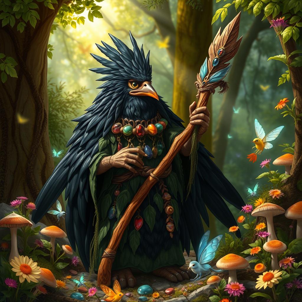 A kenku druid in an enchanting forest setting, with glossy black feathers and dressed in a cloak woven from leaves and vines