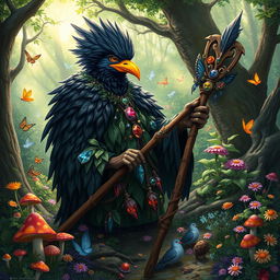 A kenku druid in an enchanting forest setting, with glossy black feathers and dressed in a cloak woven from leaves and vines