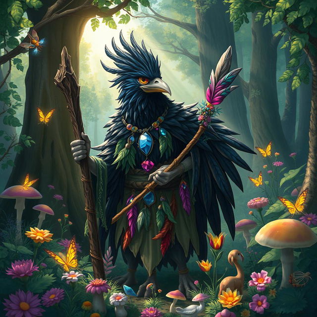 A kenku druid in an enchanting forest setting, with glossy black feathers and dressed in a cloak woven from leaves and vines