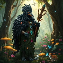 A kenku druid in an enchanting forest setting, with glossy black feathers and dressed in a cloak woven from leaves and vines