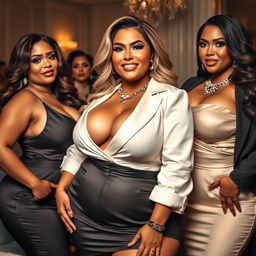 Portrait of voluptuous women with confident expressions, wearing stylish, glamorous outfits, showcasing their curves in an elegant and classy manner