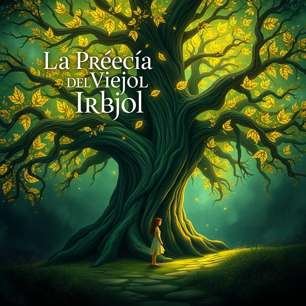 Design a book cover for 'La Profecía del Viejo Árbol' featuring an ancient magical tree and a girl in a mystical setting