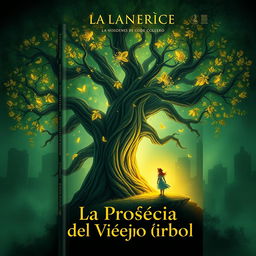 Design a book cover for 'La Profecía del Viejo Árbol' featuring an ancient magical tree and a girl in a mystical setting