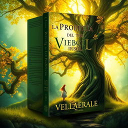 Design a book cover for 'La Profecía del Viejo Árbol' featuring an ancient magical tree and a girl in a mystical setting