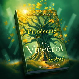 Design a book cover for 'La Profecía del Viejo Árbol' featuring an ancient magical tree and a girl in a mystical setting