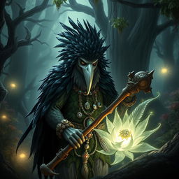 A mysterious kenku druid in a shadowy forest, with glossy black feathers contrasting against a white mask that covers its face