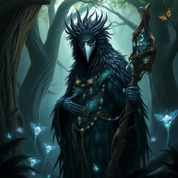 A mysterious kenku druid in a shadowy forest, with glossy black feathers contrasting against a white mask that covers its face