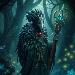 A mysterious kenku druid in a shadowy forest, with glossy black feathers contrasting against a white mask that covers its face