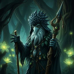 A mysterious kenku druid in a shadowy forest, with glossy black feathers contrasting against a white mask that covers its face