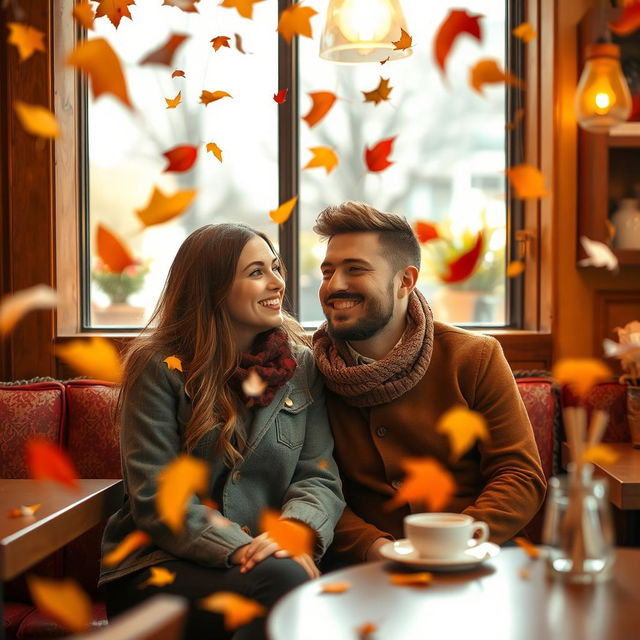 a couple sitting in a cozy, warm-toned café, both smiling at each other with crossed eyes, surrounded by falling leaves