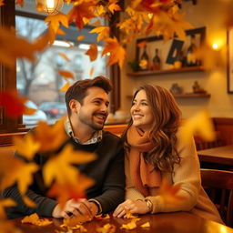 a couple sitting in a cozy, warm-toned café, both smiling at each other with crossed eyes, surrounded by falling leaves