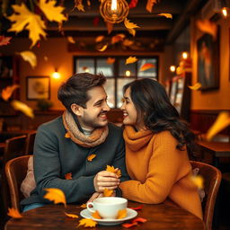 a couple sitting in a cozy, warm-toned café, both smiling at each other with crossed eyes, surrounded by falling leaves