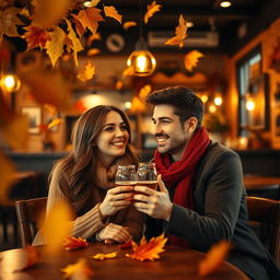 a couple sitting in a cozy, warm-toned café, both smiling at each other with crossed eyes, surrounded by falling leaves