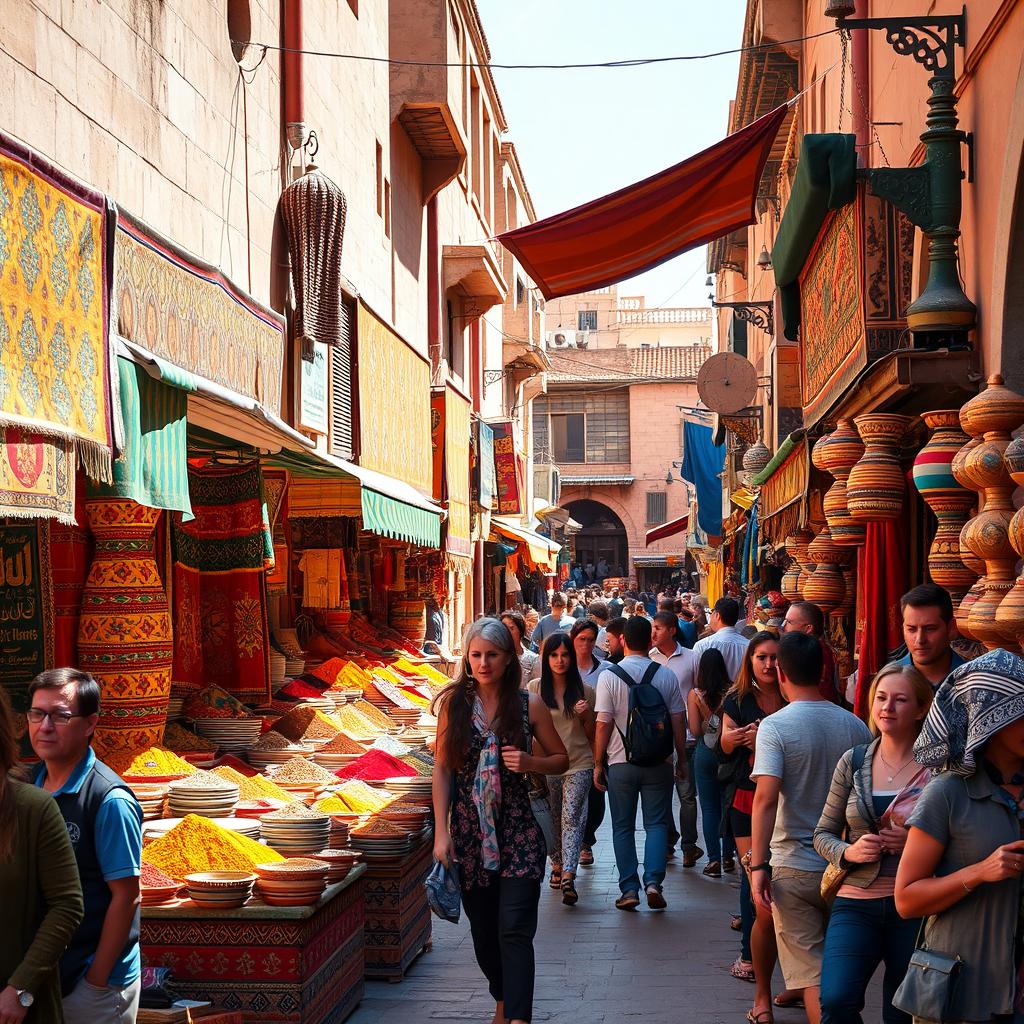 A vibrant, bustling market street in Marrakesh during the day with colorful stalls selling spices, textiles, and pottery