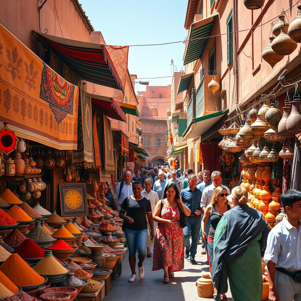 A vibrant, bustling market street in Marrakesh during the day with colorful stalls selling spices, textiles, and pottery