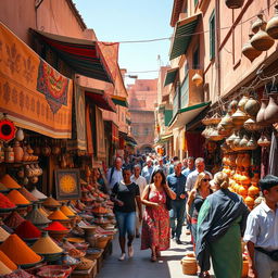 A vibrant, bustling market street in Marrakesh during the day with colorful stalls selling spices, textiles, and pottery
