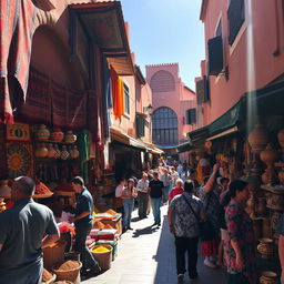 A vibrant, bustling market street in Marrakesh during the day with colorful stalls selling spices, textiles, and pottery
