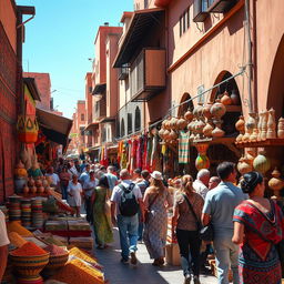 A vibrant, bustling market street in Marrakesh during the day with colorful stalls selling spices, textiles, and pottery