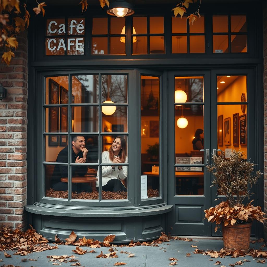 an exterior view of a cozy café with large windows, through which a couple can be seen laughing