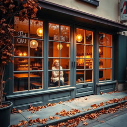 an exterior view of a cozy café with large windows, through which a couple can be seen laughing