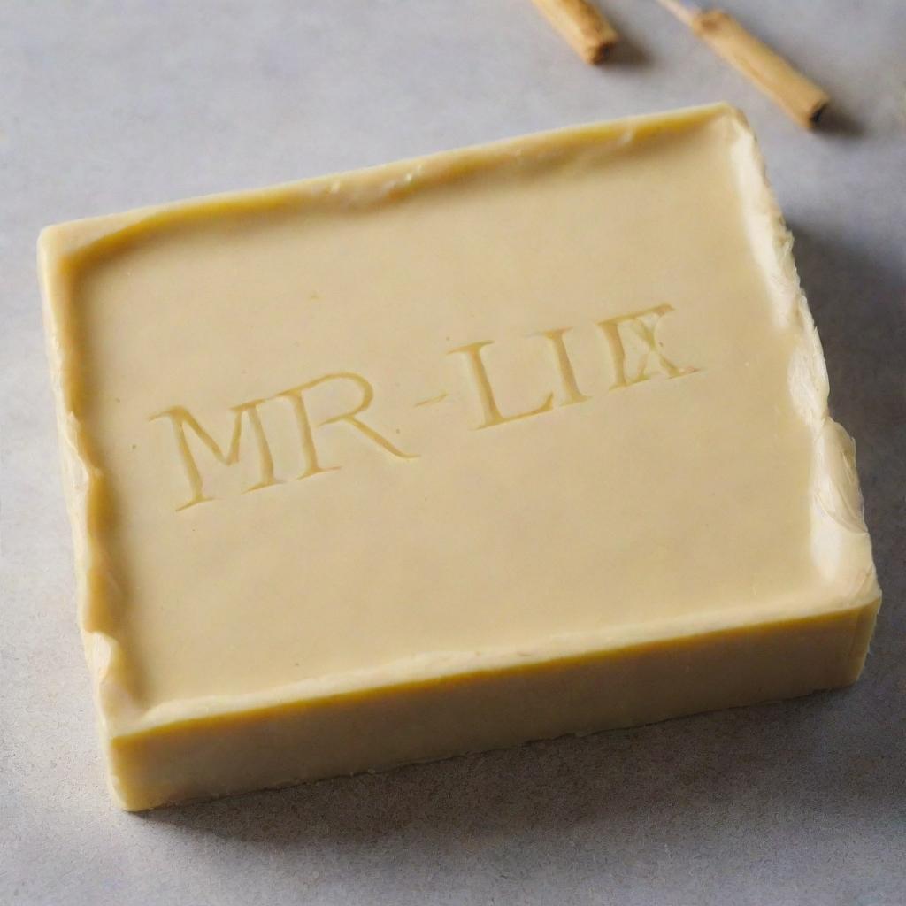 A slab of golden butter with the words 'Mr Lix' elegantly carved in it