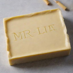 A slab of golden butter with the words 'Mr Lix' elegantly carved in it