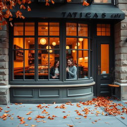 an exterior view of a cozy café with large windows, through which a couple can be seen laughing