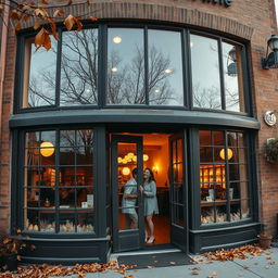 an exterior view of a cozy café with large windows, through which a couple can be seen laughing