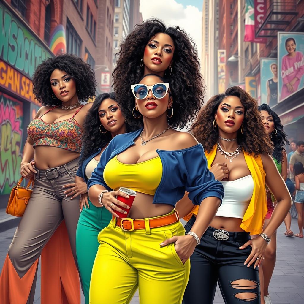 An artistic representation of confident, curvaceous women in a vibrant, urban setting