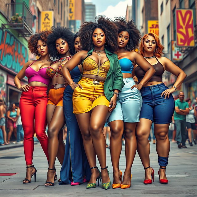 An artistic representation of confident, curvaceous women in a vibrant, urban setting