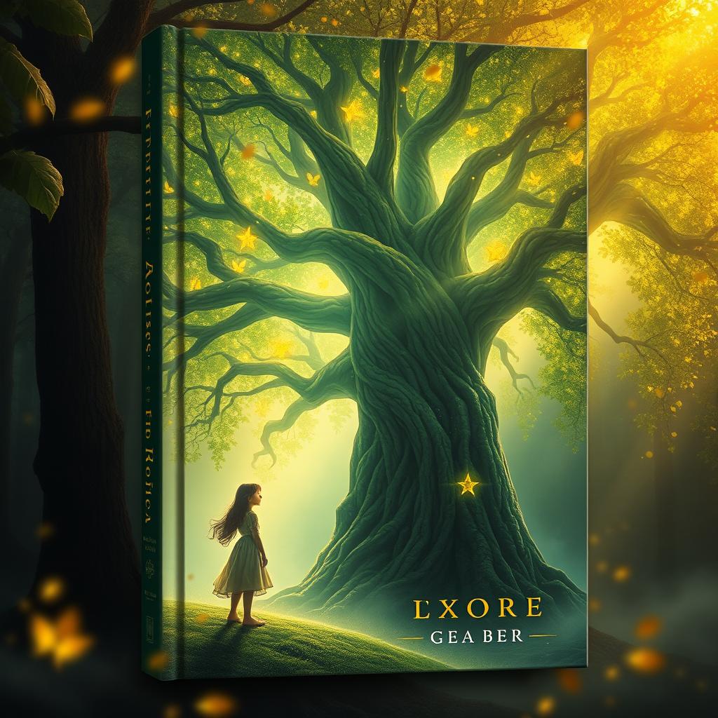 A book cover design featuring an ancient magical tree and a girl in a mystical setting