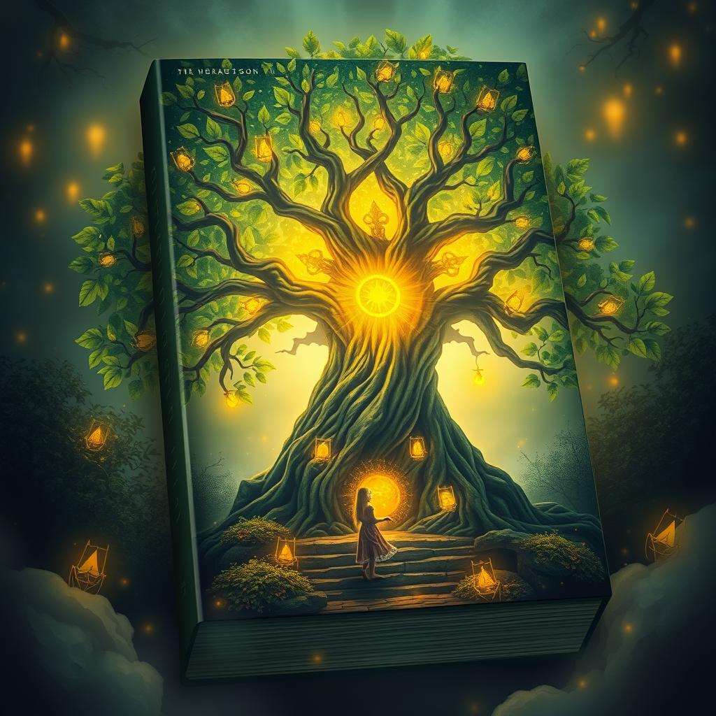 A book cover design featuring an ancient magical tree and a girl in a mystical setting